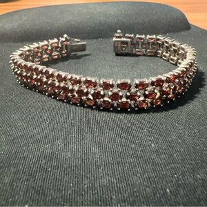 Sterling Silver .925 Oval Red Garnet Three-Row Tennis Bracelet 31.3g Size 7